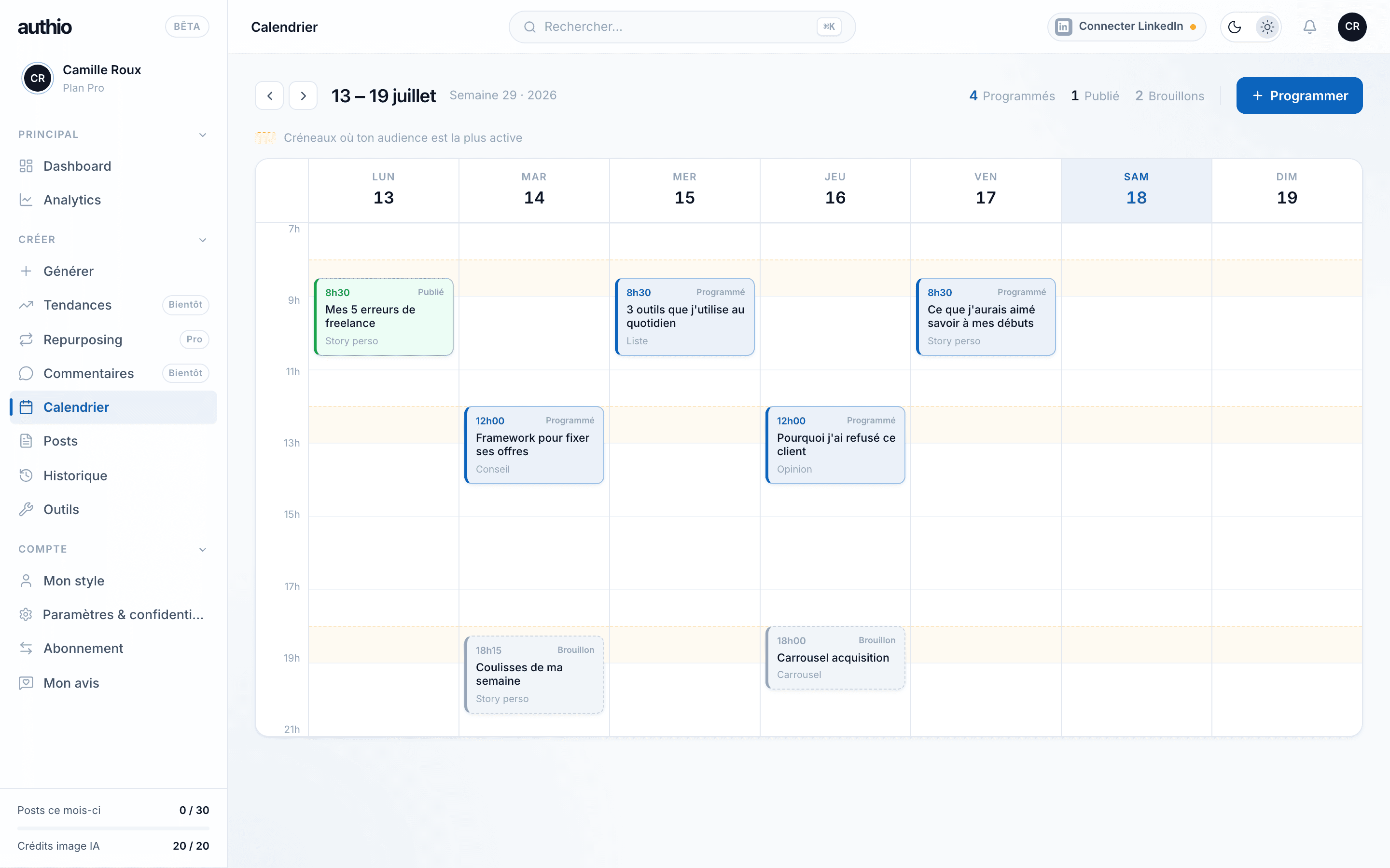 Le calendrier de publication Authio avec les créneaux recommandés et les statuts publié, programmé, brouillon