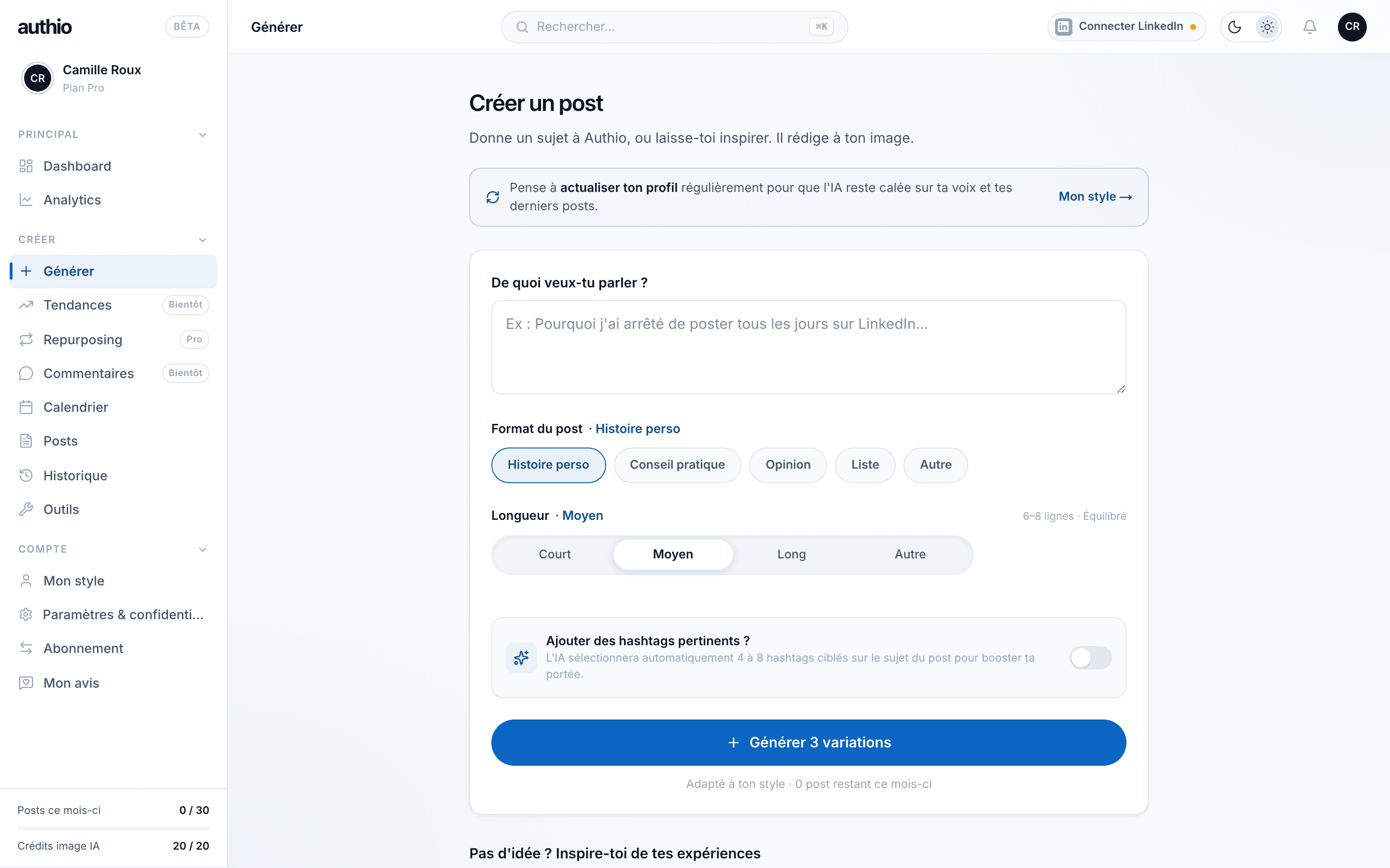 Page Générer : sujet, format, longueur et génération de 3 variantes