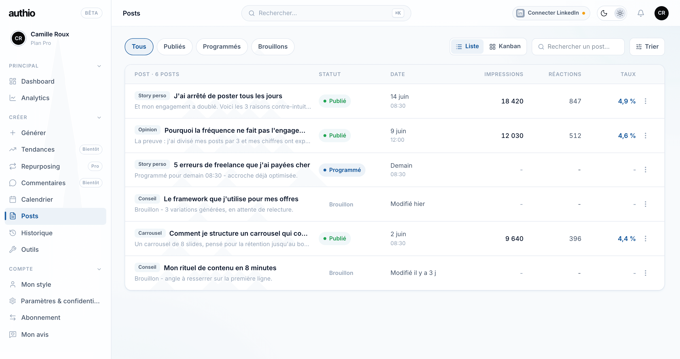 Page Posts : la bibliothèque avec statuts publié, programmé et brouillon